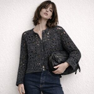 Vintage Crochet Granny Black Square Cotton Cardigan Sz L